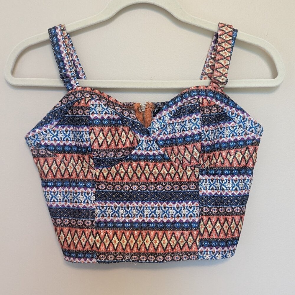 TCEC cropped top zip back adjustable straps Large EUC blue white orange Y2K club